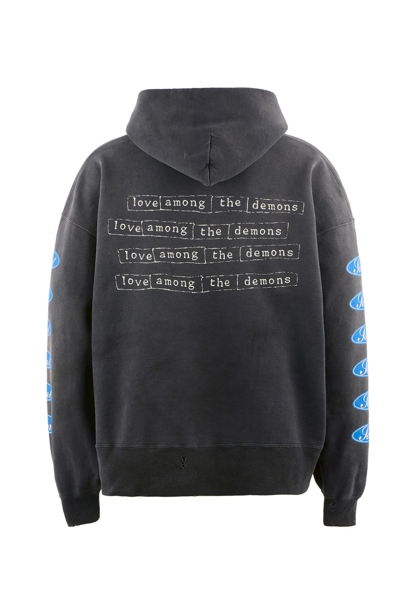 SAINT Mxxxxxx HOODIE/LOVE AMONG/BLK blue SAINT barrage slogan hoodie, washed black S-XL, the latest version, revised many times, the version is closer to the original version, and the street flavor is stronger! Heavy washing with water-sprayed fading process for stronger distressing effect. Handmade wormhole destruction treatment. Authentic level extreme distressed crack printing. The main mark and wash mark are all correct versions.